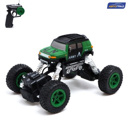 The radio -controlled “Army” jeep works on the battery, the color is green
