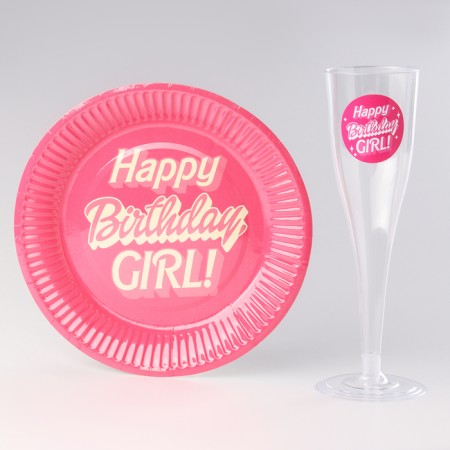 Set of dishes "Happy Birthday, Girl", glasses 6 pcs., Plates 6 pcs.-1