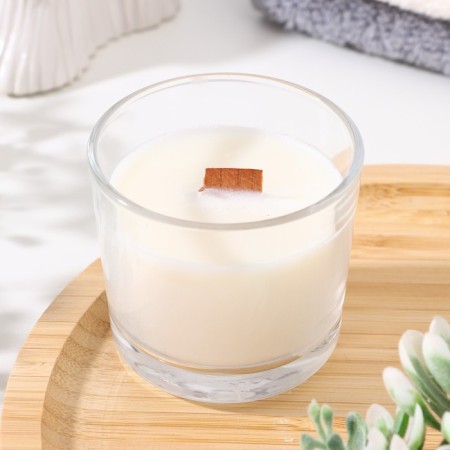 A candle made of soy wax in a glass with a wooden wick "Sandal tree", 65 grams