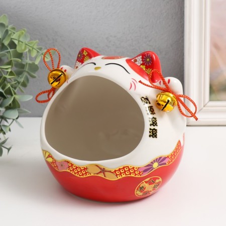 Souvenir Ceramics "Red cat manki-nako with bells" 12.5x16.5x14 cm-3