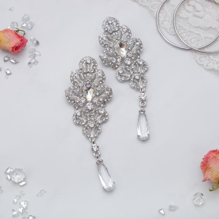 Earrings with rhinestones "Triumph of light" drop, white color in silver, 11.5 cm-2