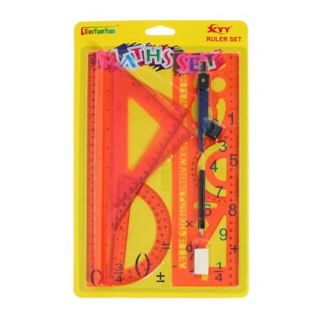 Set of geometric, drawing, blister: ruler 30 cm, 2 triangles, transporter, eraser, compass, ruler with stencils, tinted, mix-8