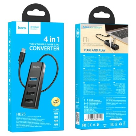 Adapter Hoco HB25, 4 V 1, Type-C to USB3.0/USB2.0*3, cable length 30 cm, black-9