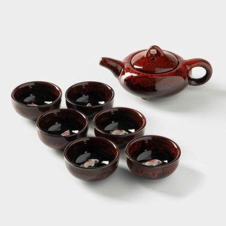 A set for the tea ceremony Ceramic "Lunar Lake", 7 objects: 6 PIAL 50 ml, kettle 150 ml, red color