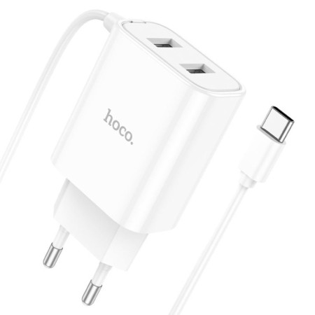 Network charger HOCO C103A, 2 USB, 2.1 A, built-in Type-C, 1 m, white cable.-3