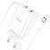 Network charger HOCO C103A, 2 USB, 2.1 A, built-in Type-C, 1 m, white cable.