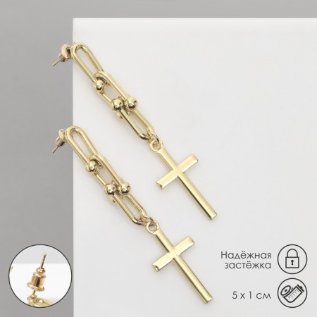 Earrings Metal "Chain" with a cross, three links, color gold