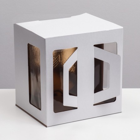 Box for cake 2 windows, with handles, white, + substrate 2.5 gold-white, 28 x 28 x 20 cm-3