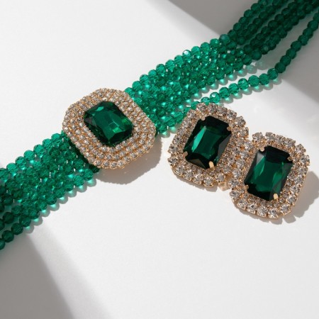 Set 2 items; Earrings, necklace “luxury” large stone, green color in gold, 42 cm-1