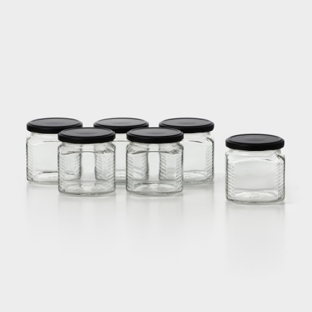 A set of glass cans with a black lid and label, TO-82, 0.39 L, 6 pcs-1