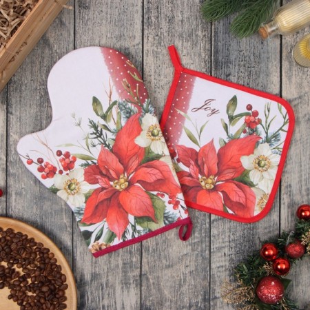 Set of kitchen. Ethel "Poinsettia": 19x19 cm, mittens-seizure 20x28 cm, 100% HL