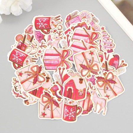 Stickers for creativity "New Year in pink shades" embossing gold set 48 pcs 9x7x0.8 cm 10177-2