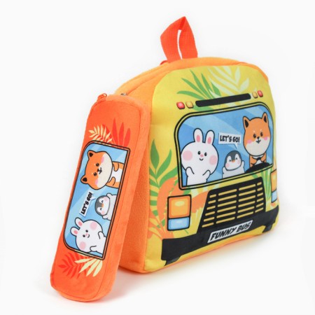 Baby plush backpack with the Penal "Beasts on the bus", 24*24 cm, pink color-2
