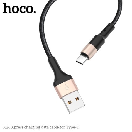 Hoco X26, Type-C cable-USB, 3 A, 1 m, nylon braid, black and golden-2