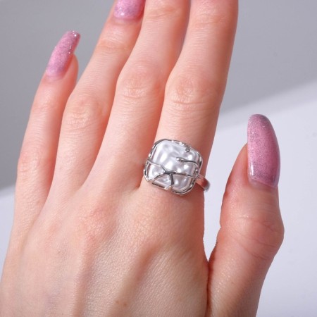 Ring "Aura" square, white color in silver, dimensionless-1