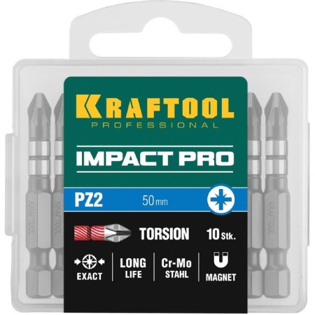Bits Kraftool Impact Pro 26193-2-50-S10, E 1/4 ", 50 mm, PZ2, 10 pcs., Pozidriv, case-2