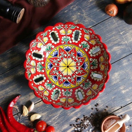 Rishtan ceramics "Flowers", 23 cm, red fruit-1