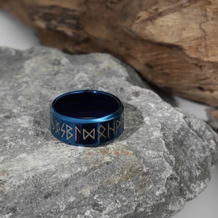 Ring "Valhalla" with runes, white-blue color size 17