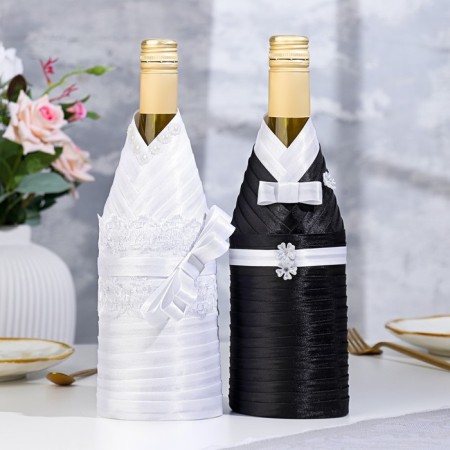 Decoration for champagne "Bridegroom and Bride", black and white-9