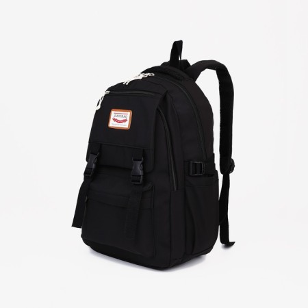 A backpack with a zipper, 4 outer pockets, black color