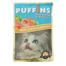 Влажный корм "Puffins" для кошек, сочные кусочки рыбное ассорти в соусе, 100 г