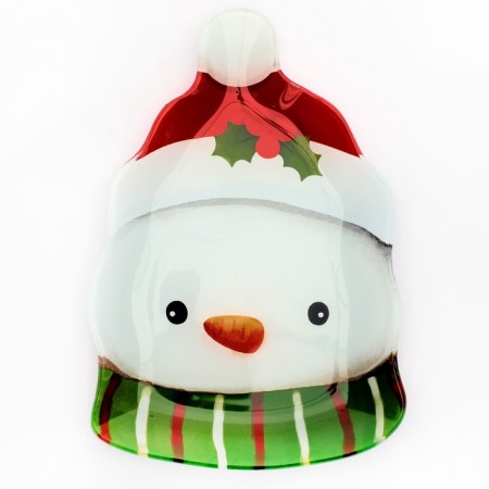 New Year. Glass plate "Snowman", 13.8 x 20.5 cm