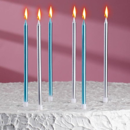 Candles in the cake "Royce", 6 pcs, high, 13 cm, silver and blue-5