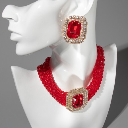 Set 2 items; Earrings, Knock Luxury Large Stone, Red color in gold, 42 cm