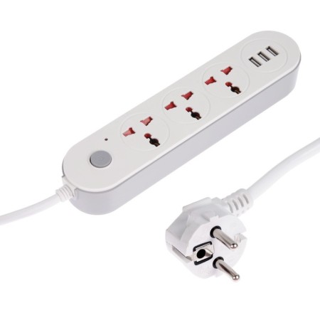 Extension cord Luazon Lighting, 3 sockets, 3 m, 10 A, 2200 W, 2x0.75 mm2, 3xUSB, with excavation, b-4