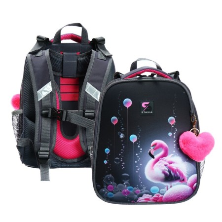 School backpack 38 x 30 x 16 cm, ergonomic back, stavia "flamingo", gray/pink