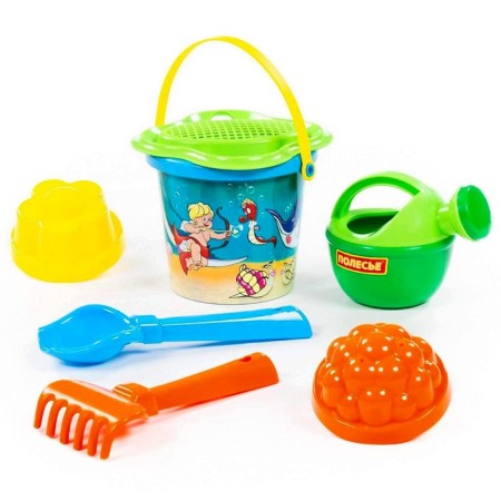 Sanding set: a bucket with a sticker, a strainer, scoop, robberies, 2 molds, watering can