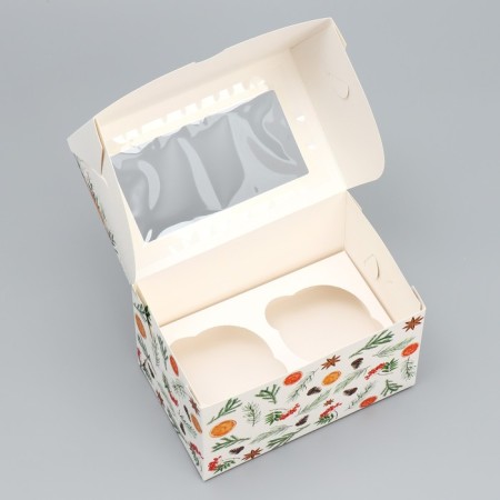Folding box for 2 cupcakes with the window “Happy New Year!”, Mandarins, 10 x 16 x 10 cm, New Year-3