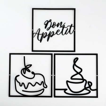 Metal panel "Bon Appetit" black, set of 3 pcs. 15x15cm