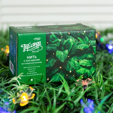 Garland “thread” 4.5 m with nozzles “chamomile”, IP44, dark thread, 30 LED, glow of multi, 2 modes, solar battery-7