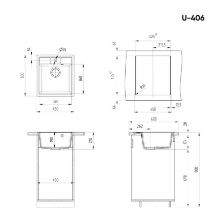 Kitchen Washing Ulgran U406-344, 500x445 mm, ultra-black color-2