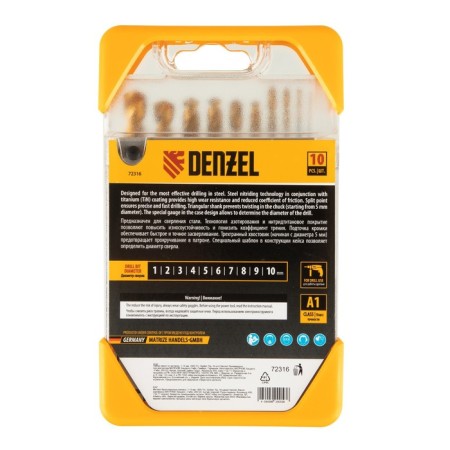 Set of metal drill Denzel 72316, 1-10 mm, HSS-Tin, Golden Tip, 10 pcs.-4