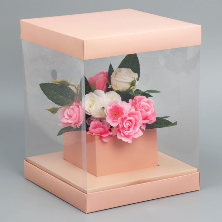 Gift box for flowers with a vase and PVC windows folding, packaging, peach, 23 x 30 x 23 cm-1