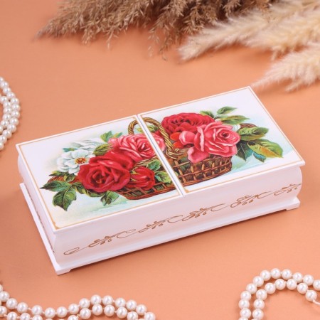 Casket "Flowers basket", white, 20.6 x 10.2 x 5 cm, double, lacquer miniature