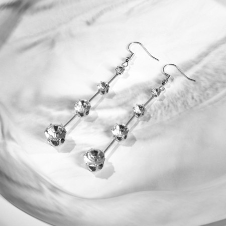 Hanging earrings with rhinestones "Drop" path, white color in silver, 6.2 cm-5
