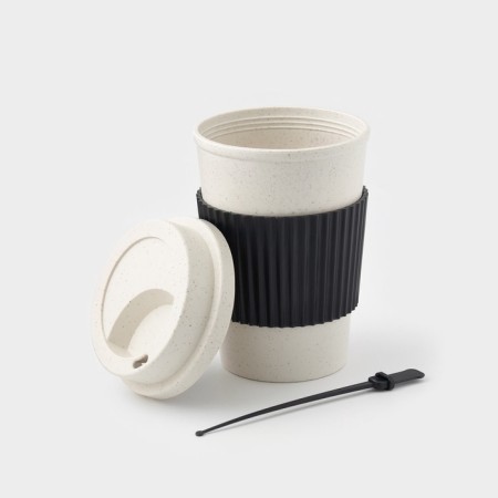 A coffee glass with a Weatfiber lid, 350 ml, 8.8 × 14 cm, plastic, reusable, white/black-1