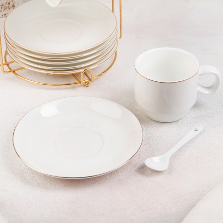 Tea ceramic service on a metal stand "Blanche", 19 items: 6 cups 170 ml, 6 saucers 13.5 cm, 6 tablespoons, white color-1
