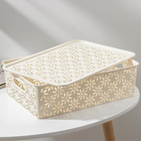 Basket for storage with a lid "Chamomile", 7.5 l, 35 × 24.5 × 10.5 cm, ivory color-1