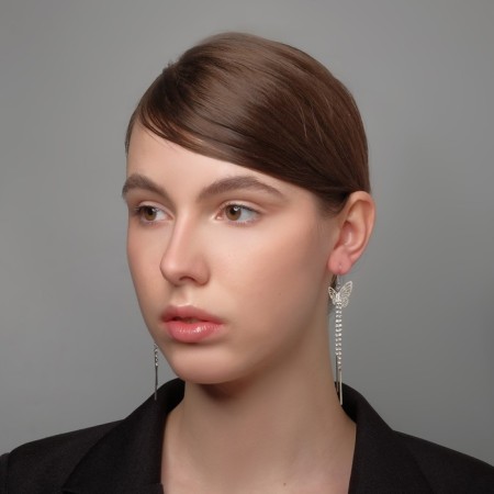 Hanging earrings with rhinestones "butterflies" threads, white color in silver, 9 cm-1