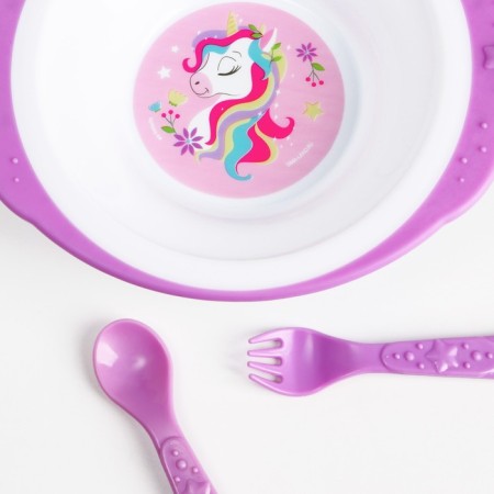 A set of children's dishes "Unicorned", a plate on the suction cup 250ml, fork, spoon-2