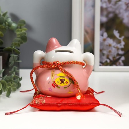 Souvenir Ceramics Pigger "Pink Cat Mani-Neko with bells" 11.5x11.5x9.5 cm-3