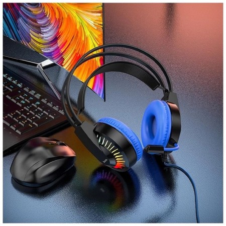 Hoco W105 headphones, game, overheads, microphone, USB + 3.5 mm, 2 m, blue-3