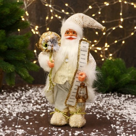 Santa Claus "with bows on shoes and with a flashlight" 30 cm, golden-white