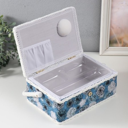 Casket for needlework "Black and white flowers on blue" 24x16x11 cm-2