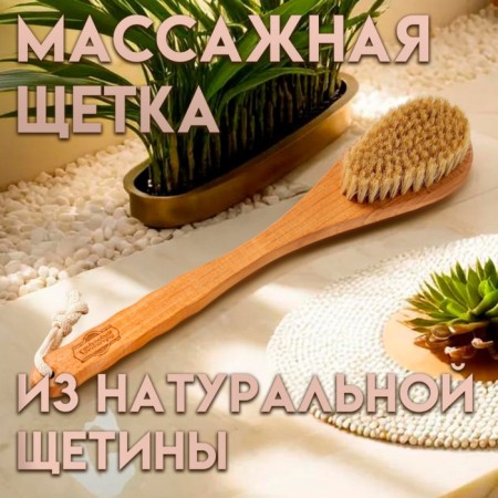 Massage brush with a long handle, natural bristles "Dobroparov" 38.5cm x 8cm x 4.5cm