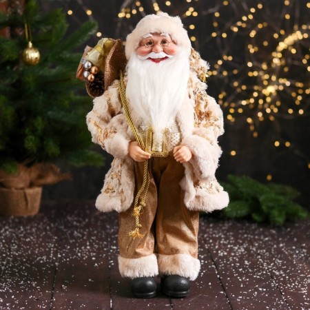 Santa Claus "in a fluffy fur coat, cap, with a gift" 47 cm, white-golden